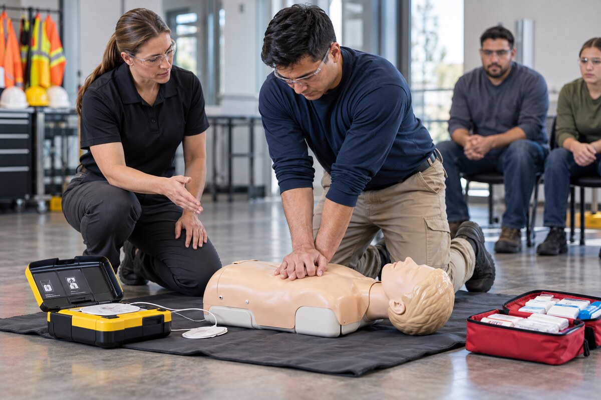 CPR / AED / First Aid — illustrative safety training photograph