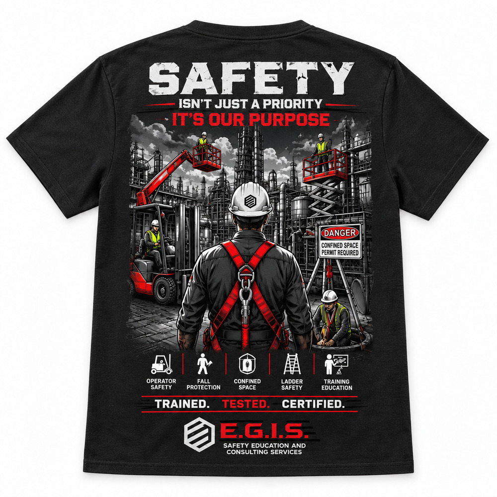 Black EGIS Safety Is Our Purpose — Industrial T-shirt with the design printed on the back